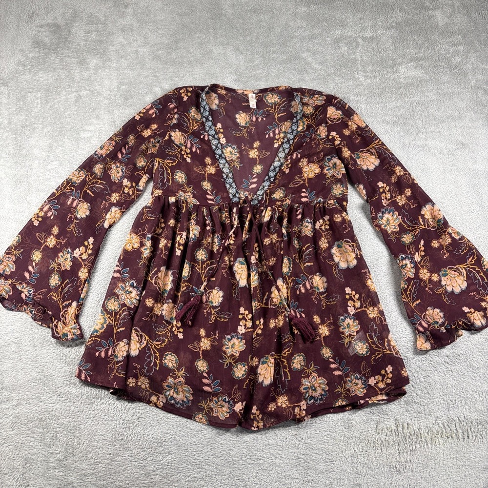 Xhilaration Women's Sheer Floral Kimono Cardigan Open Front Tie Size Medium